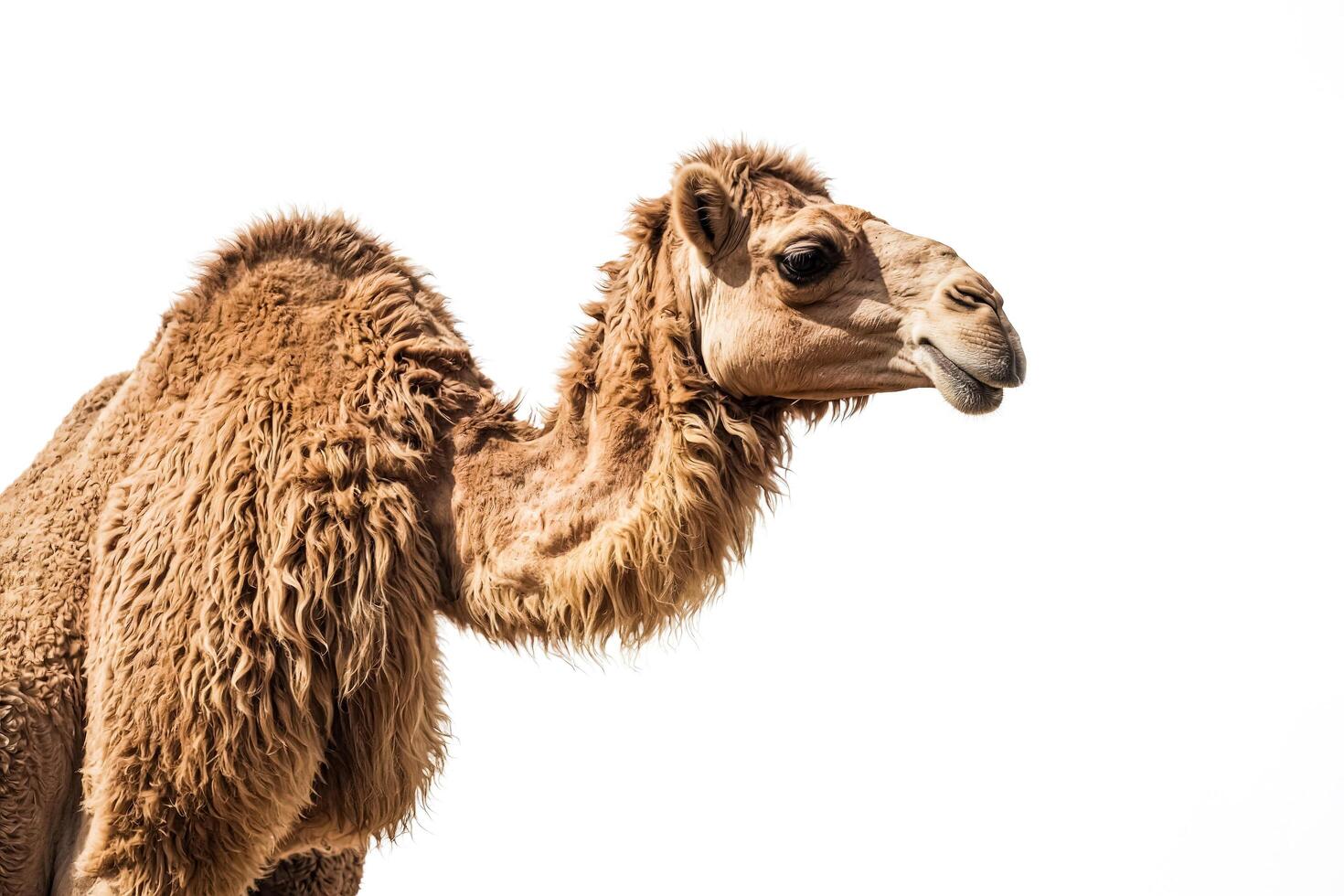 Camel with a Soft, Fuzzy Coat on White Background photo