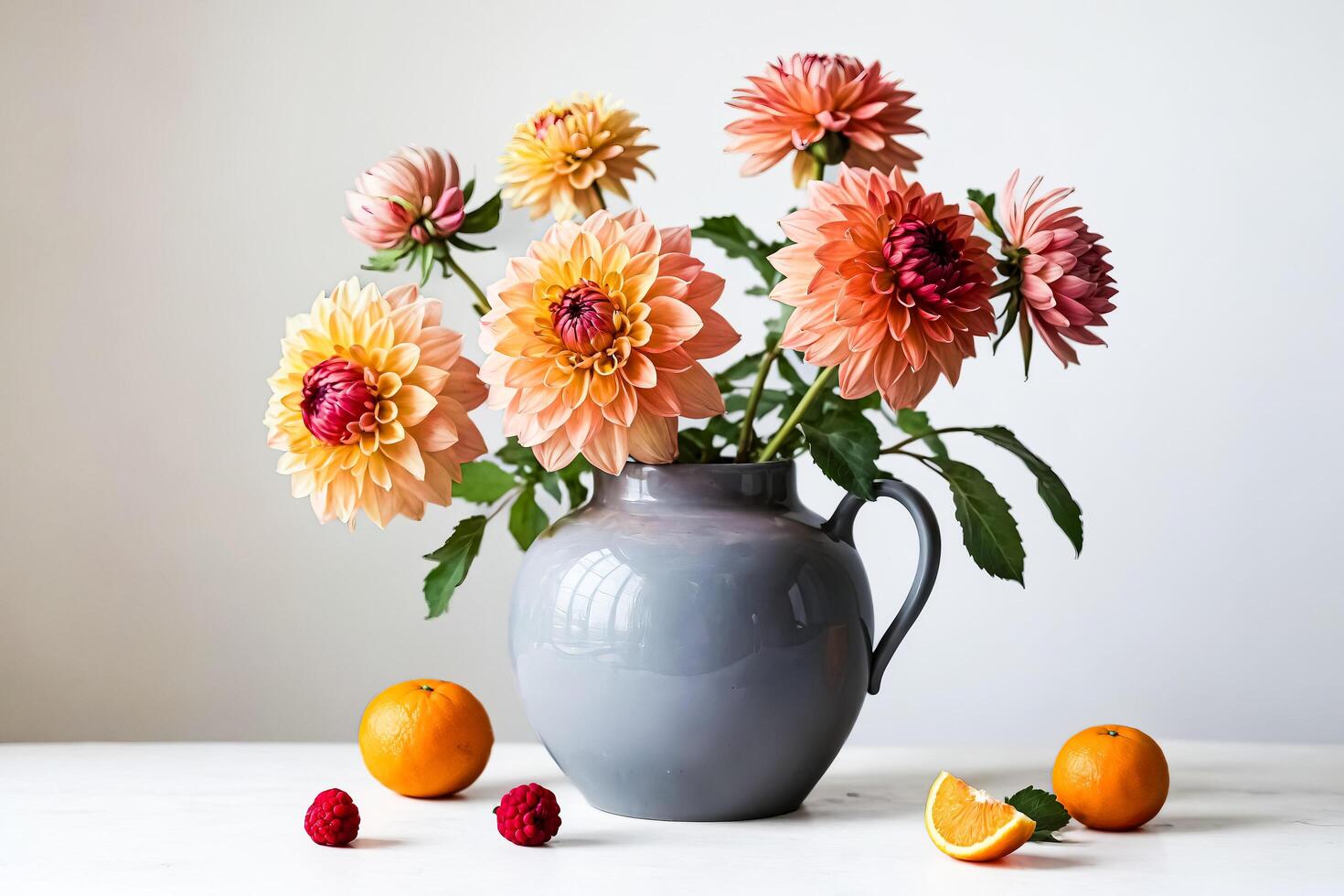 Peach Dahlias in a Gray Vase with Oranges and Raspberries photo