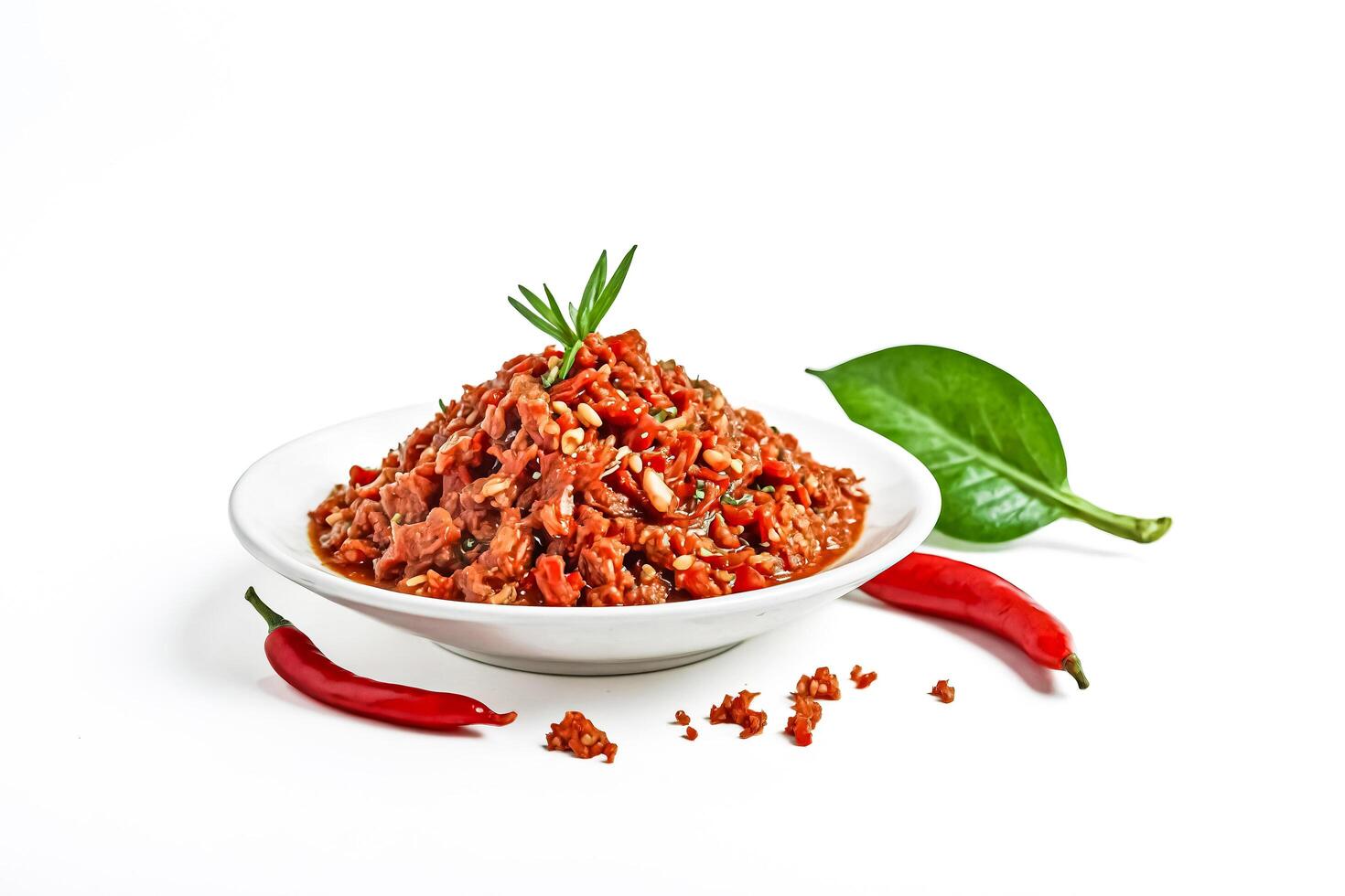Spicy Chili Paste in a White Bowl with Red Chili Peppers and Green Leaves photo