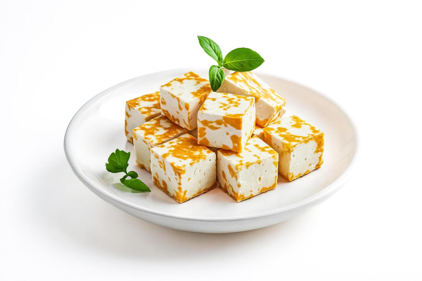 White Cube Cheese with Basil on White Plate photo