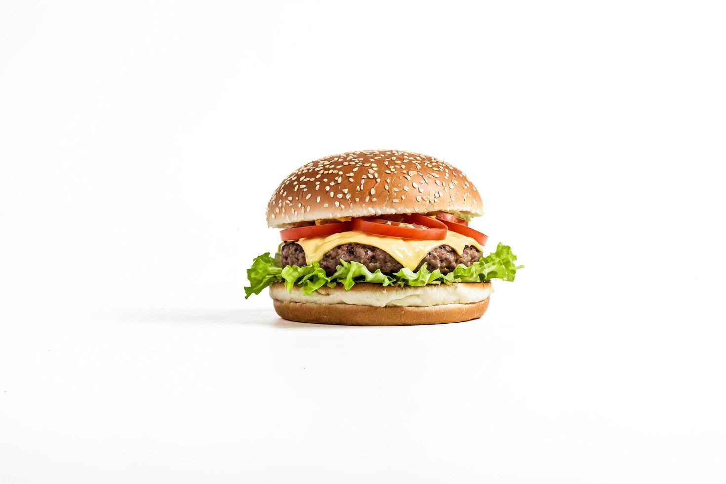 Close-up of a Delicious Cheeseburger with Lettuce and Tomato on a White Background photo