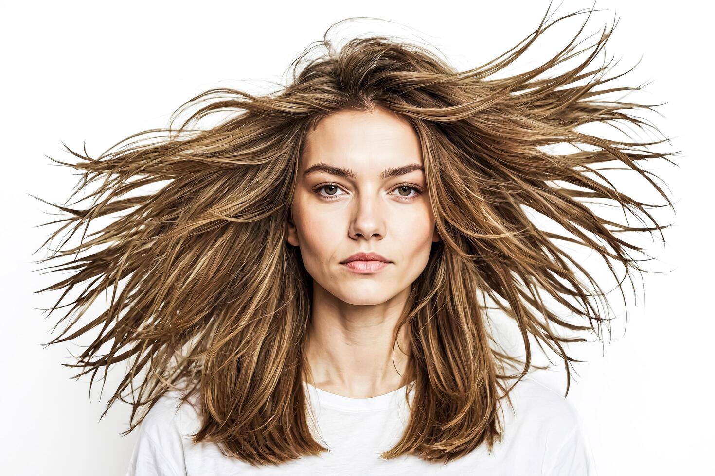 Portrait of a young woman with long brown hair blowing in the wind photo