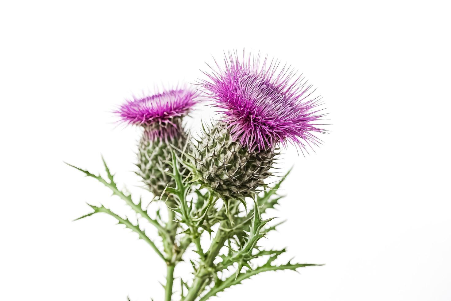 Pink Thistle Flowers with Thorns Isolated on White Background photo