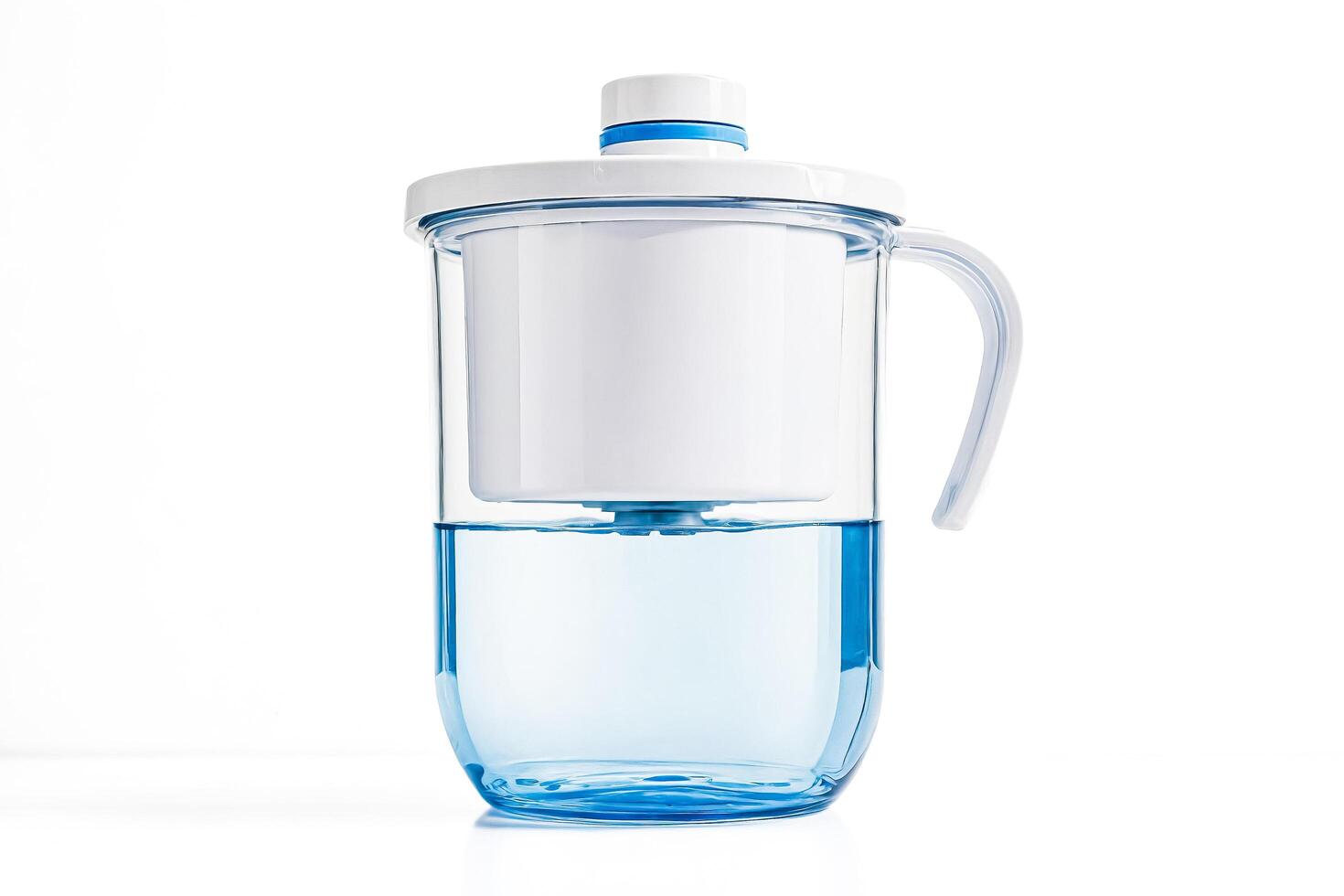 Water filter pitcher with blue lid and handle photo