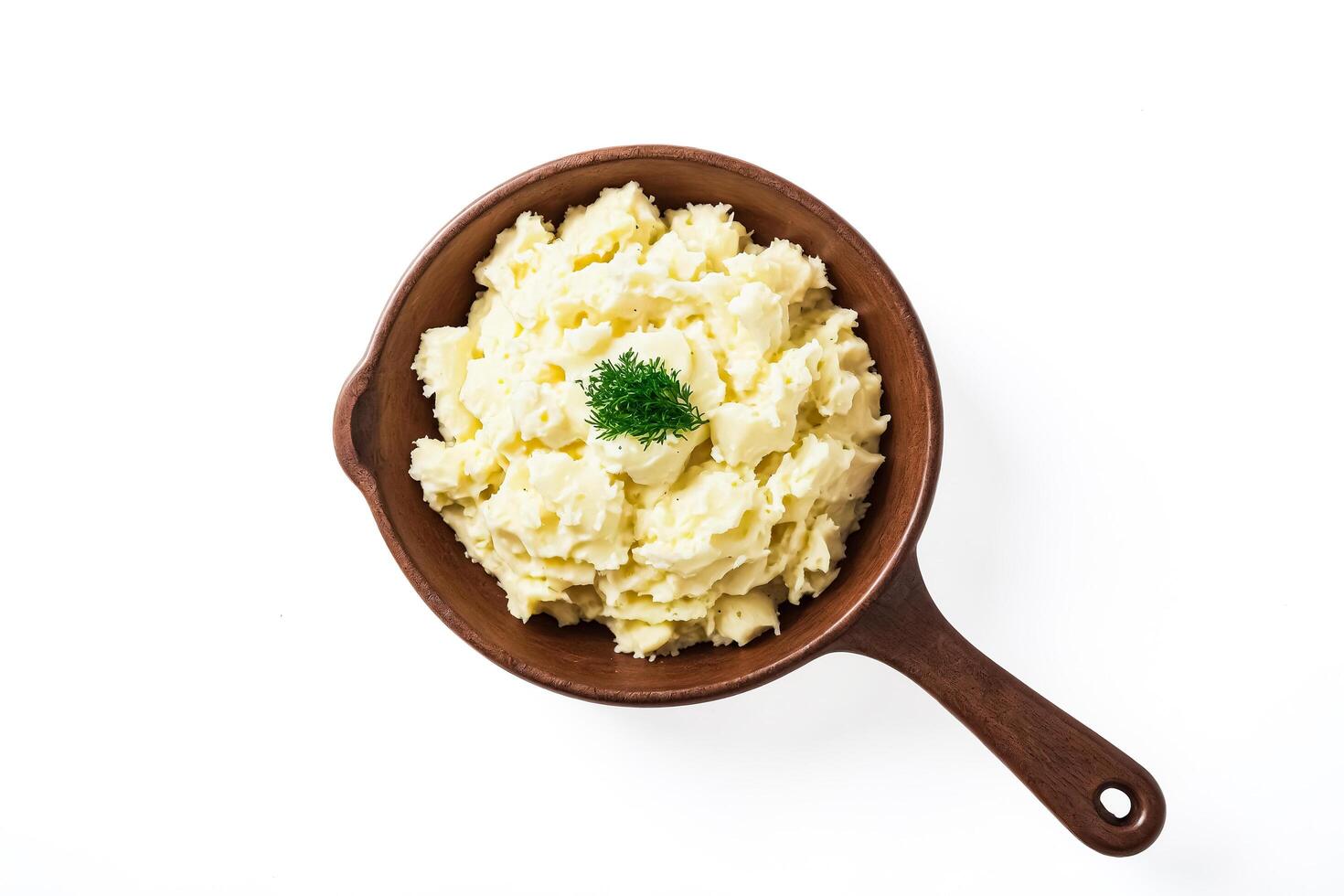 Creamy Mashed Potatoes in a Wooden Bowl with Parsley Garnish photo