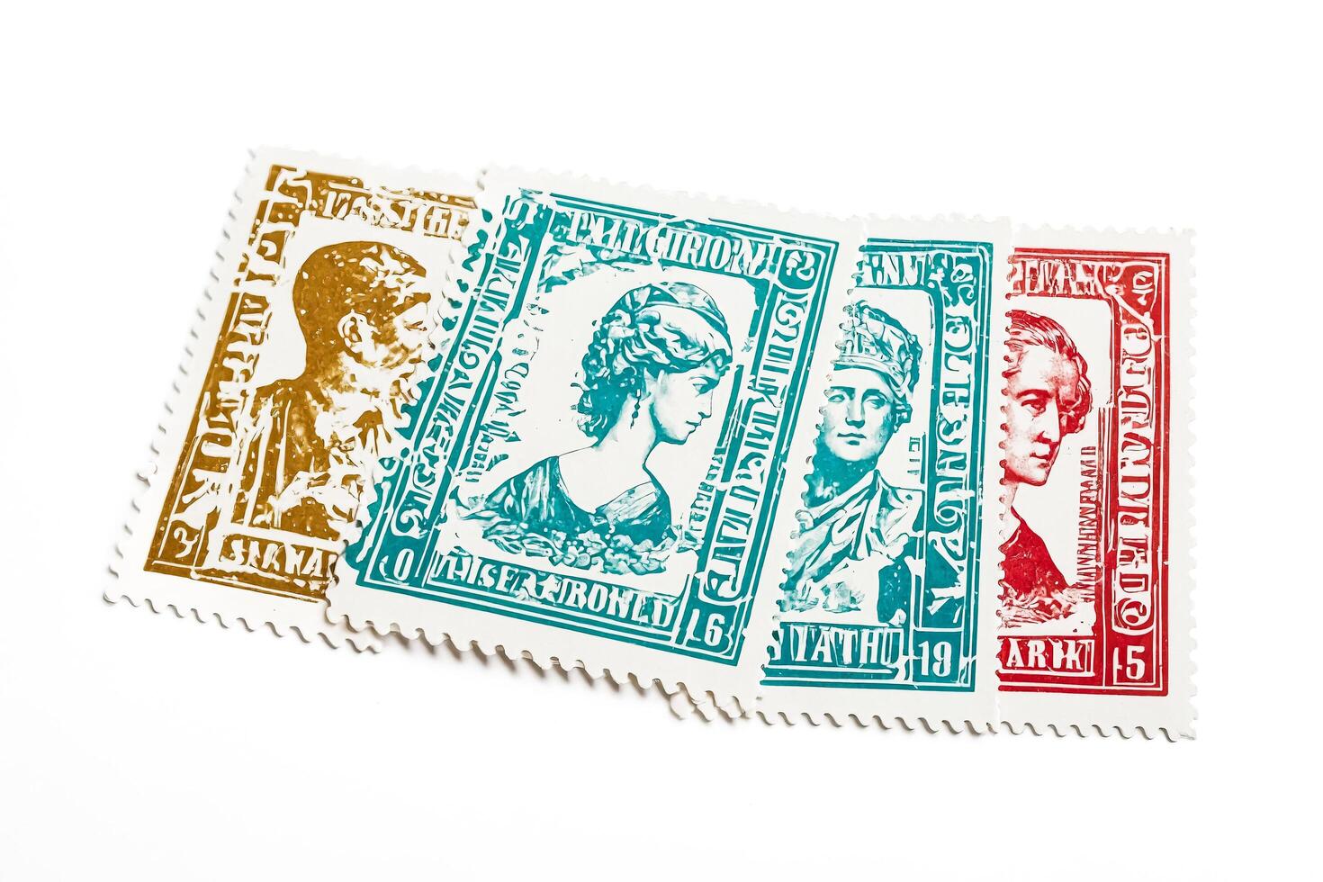 Collection of vintage stamps with different historical figures photo