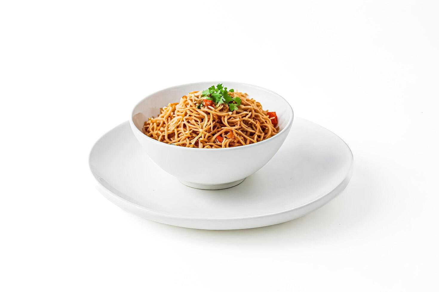 Bowl of Noodles with Parsley Garnish on White Background photo