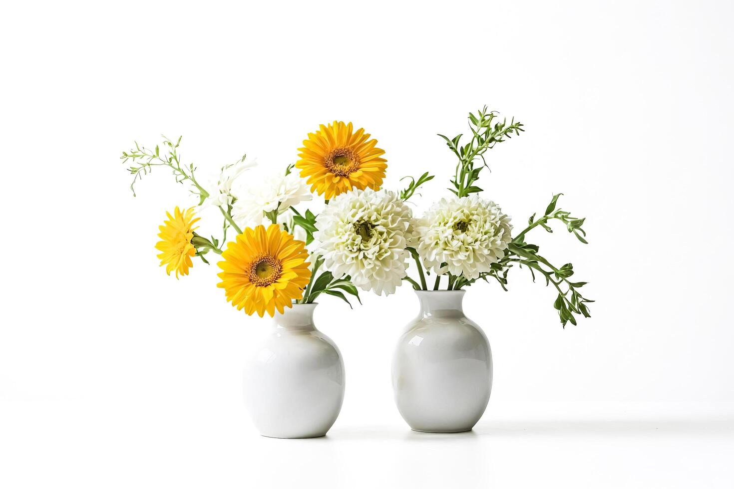 White Vases with Yellow and White Flowers photo