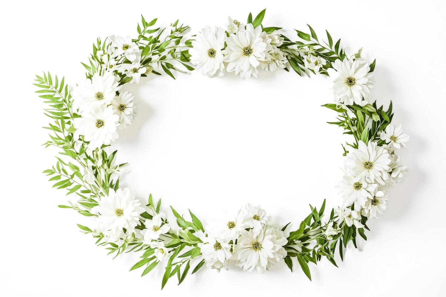 White Flowers and Green Leaves Wreath on White Background photo