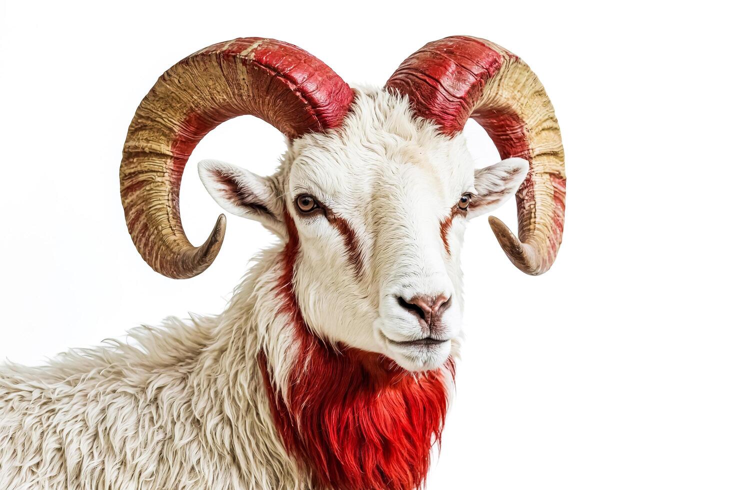 Portrait of a white ram with red horns and beard photo