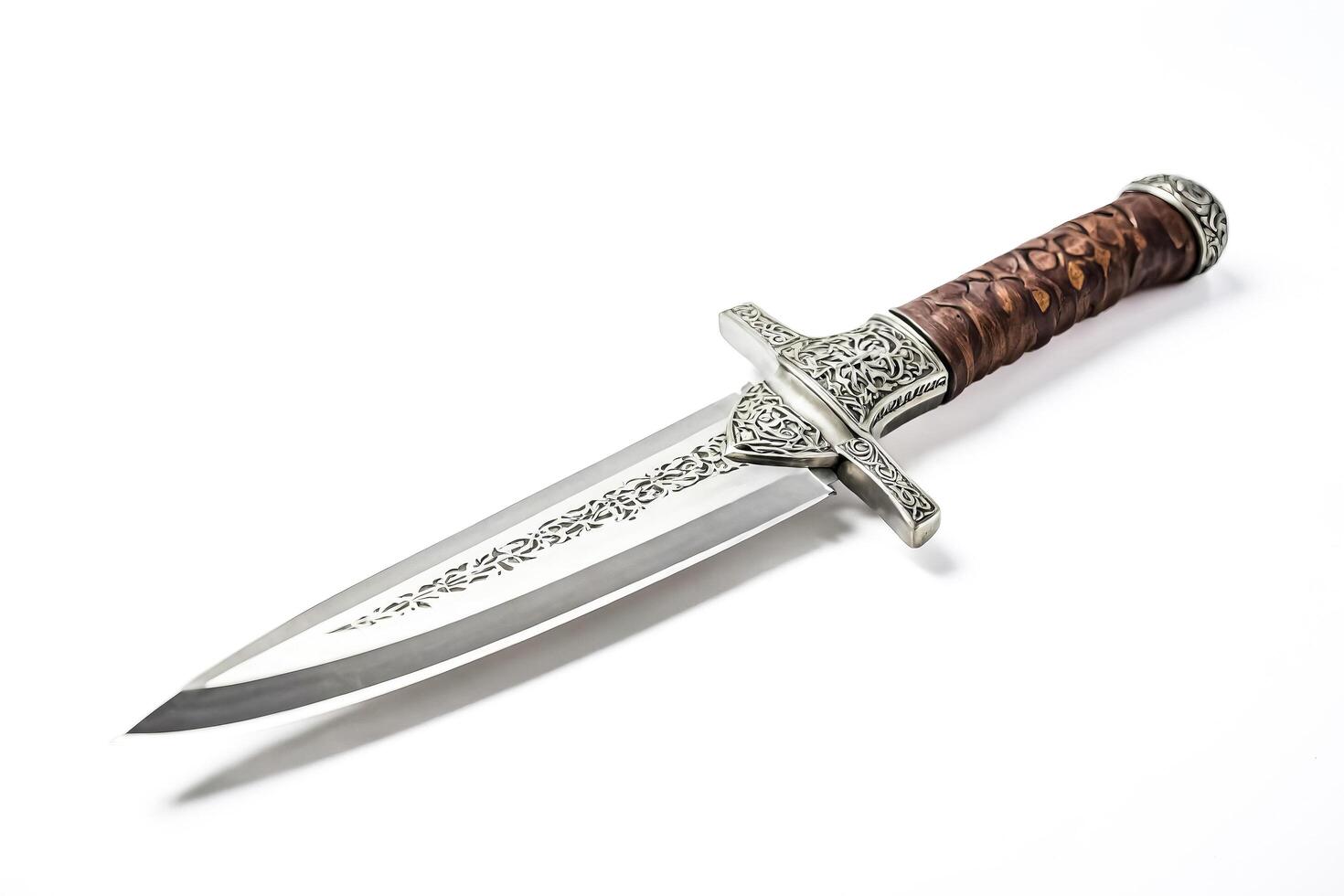 Ornate Dagger with Leather Handle on White Background photo