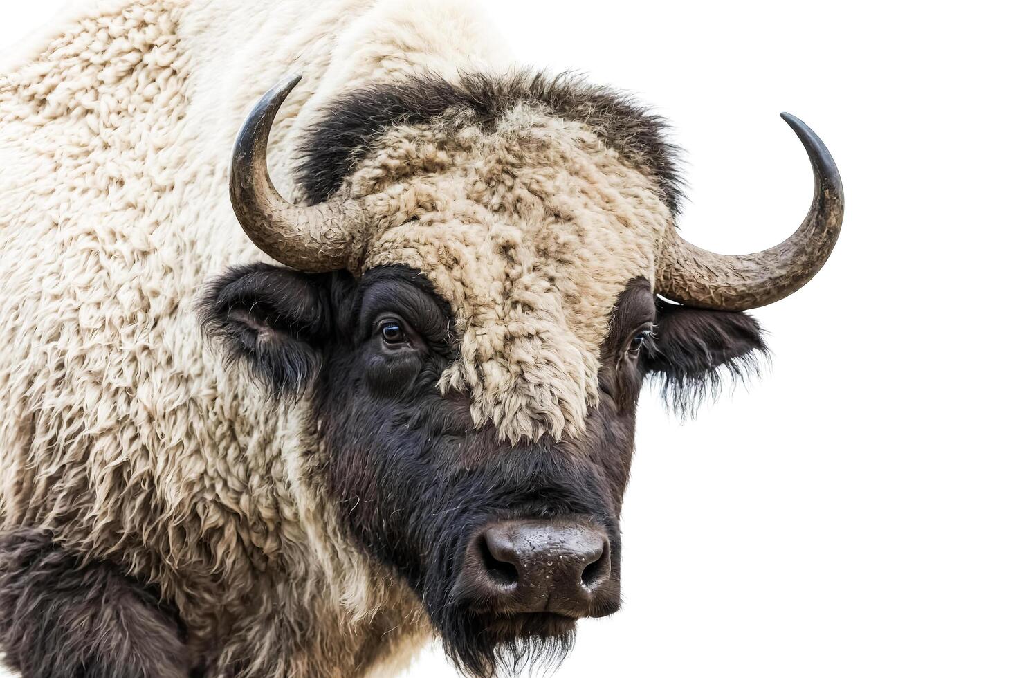 Close Up of a White and Black Bison with Large Horns photo
