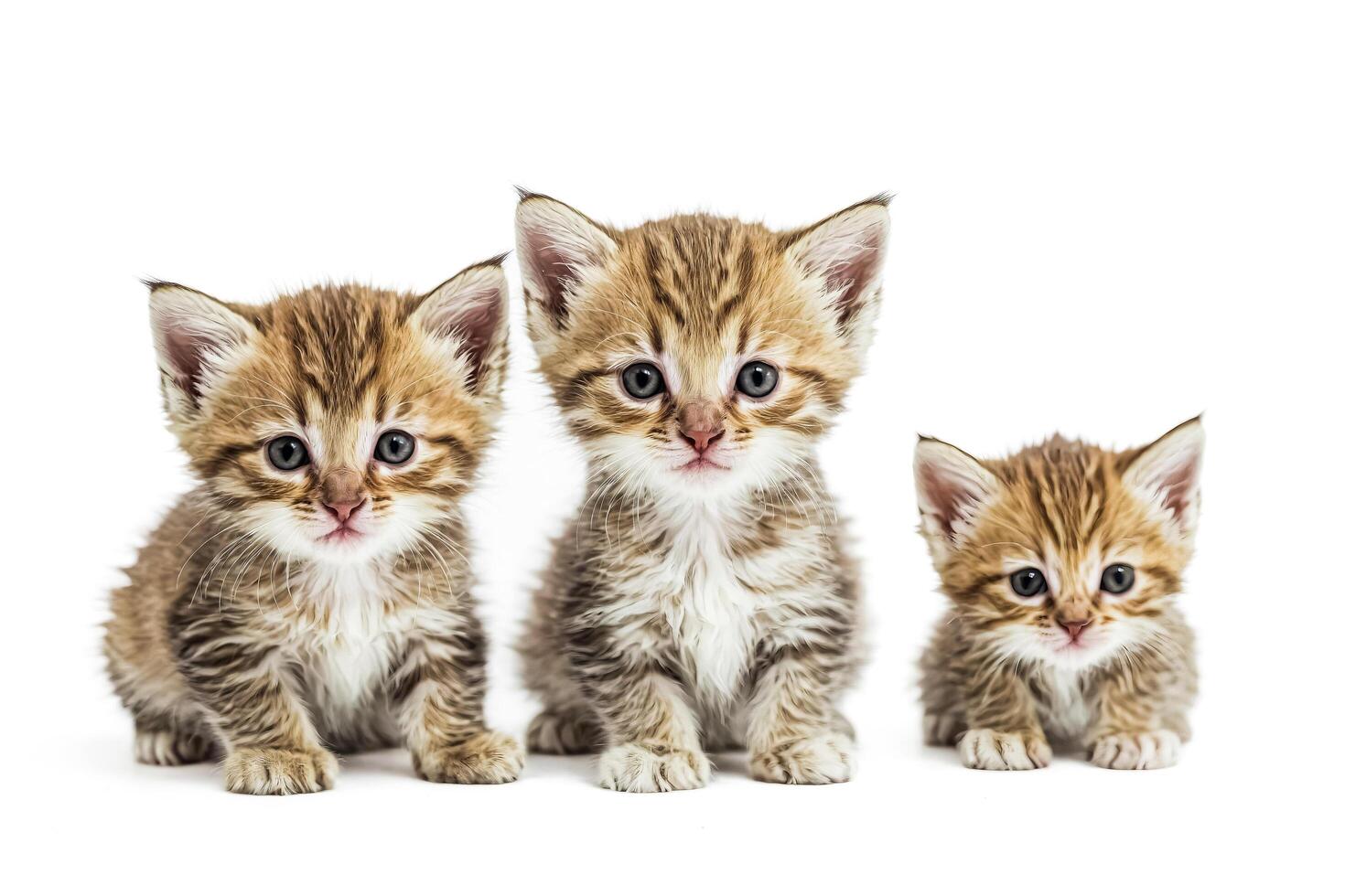 Three adorable kittens sitting in a row, isolated on white background photo