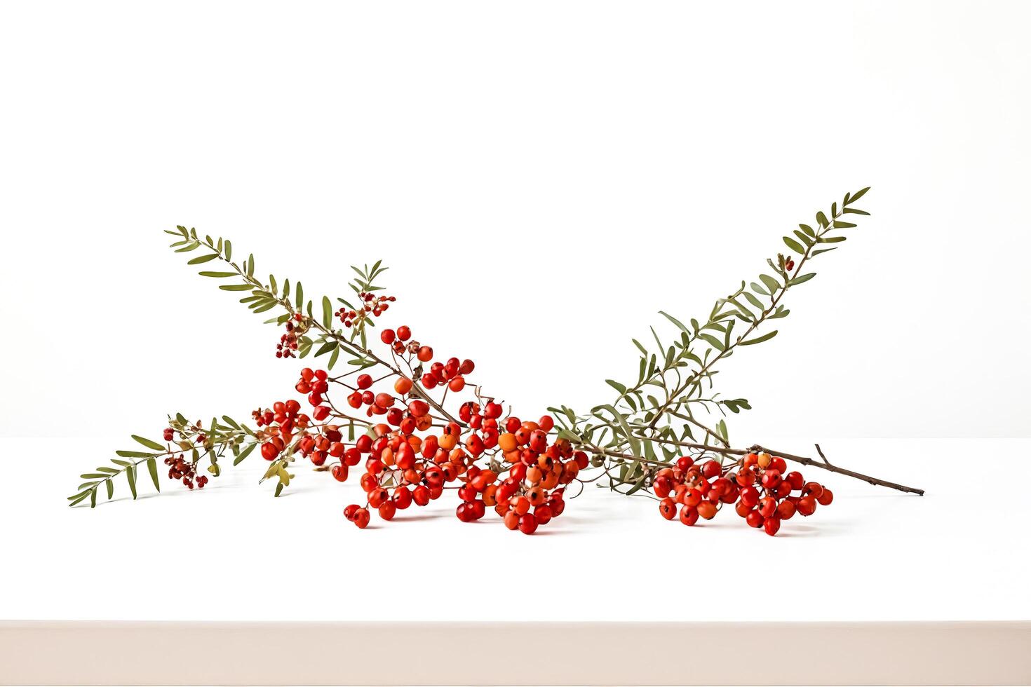 Red Berries and Green Leaves on White Background photo
