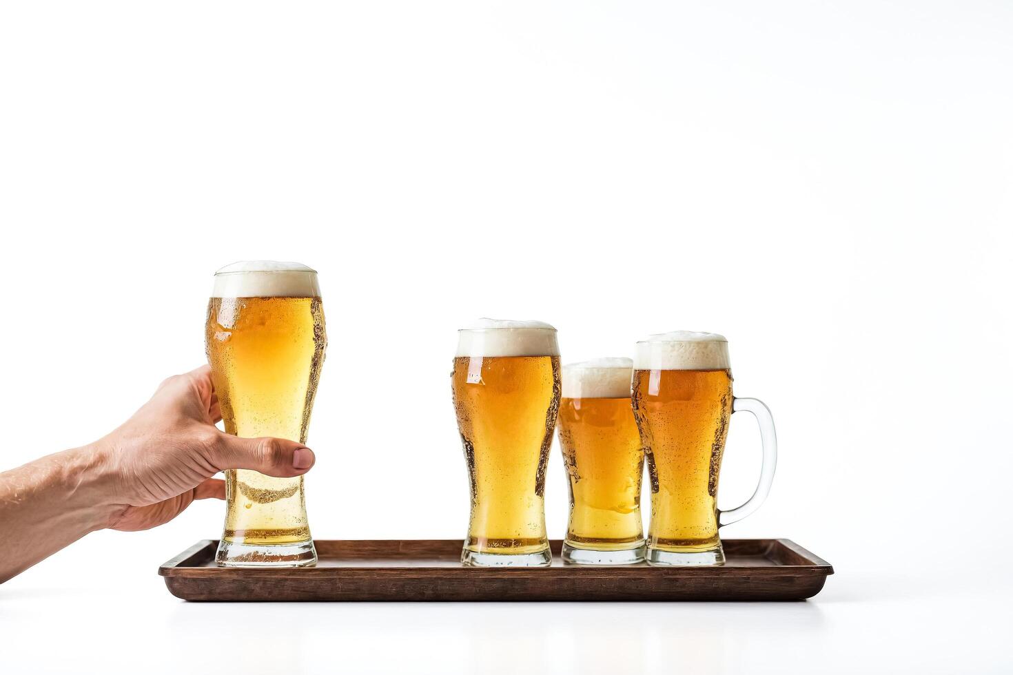 Hand Holding a Glass of Beer with Other Glasses on a Tray photo