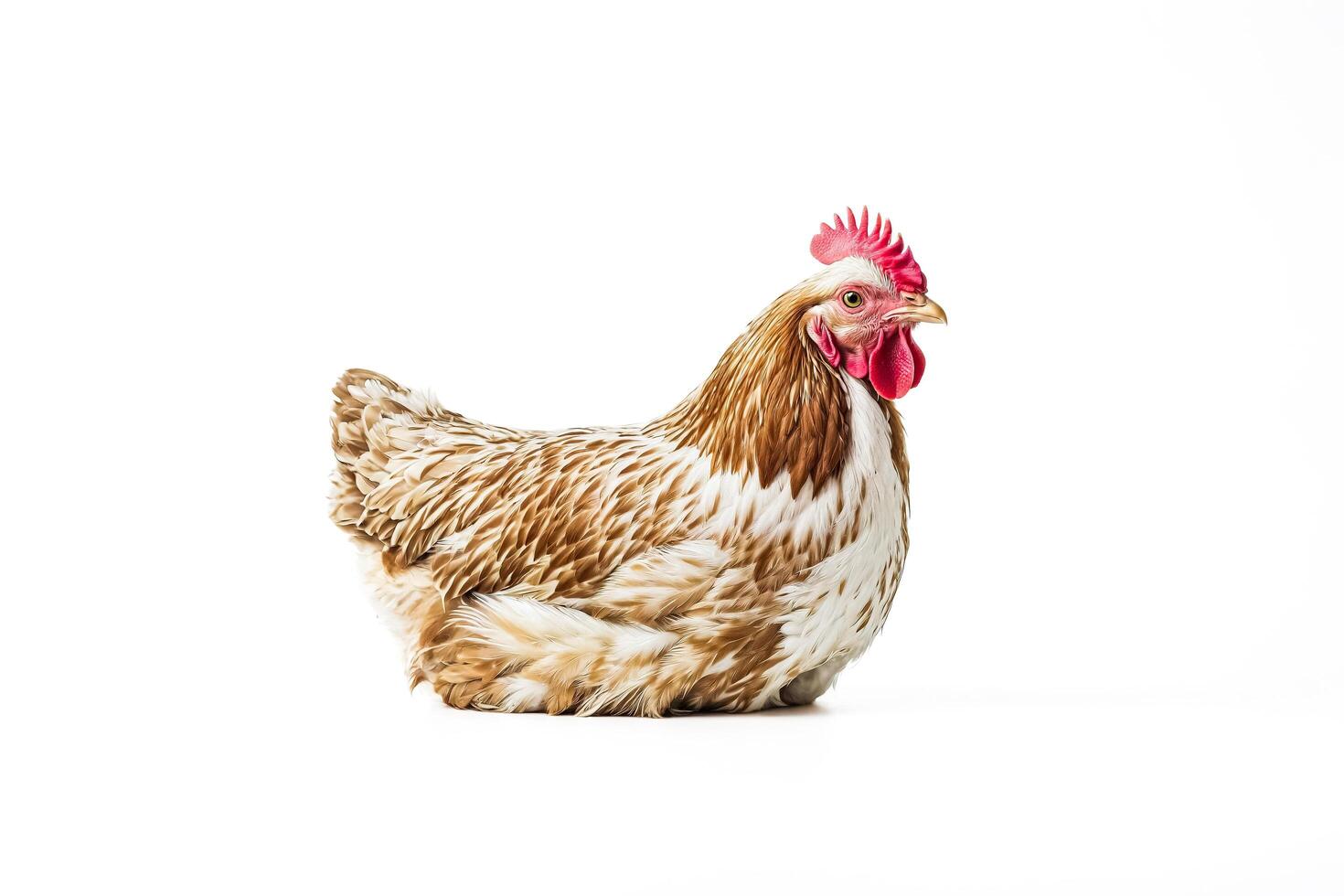 Close-up of a brown hen with white feathers on a white background photo
