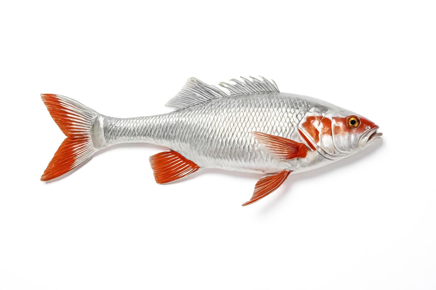 Silver fish with red fins on white background photo
