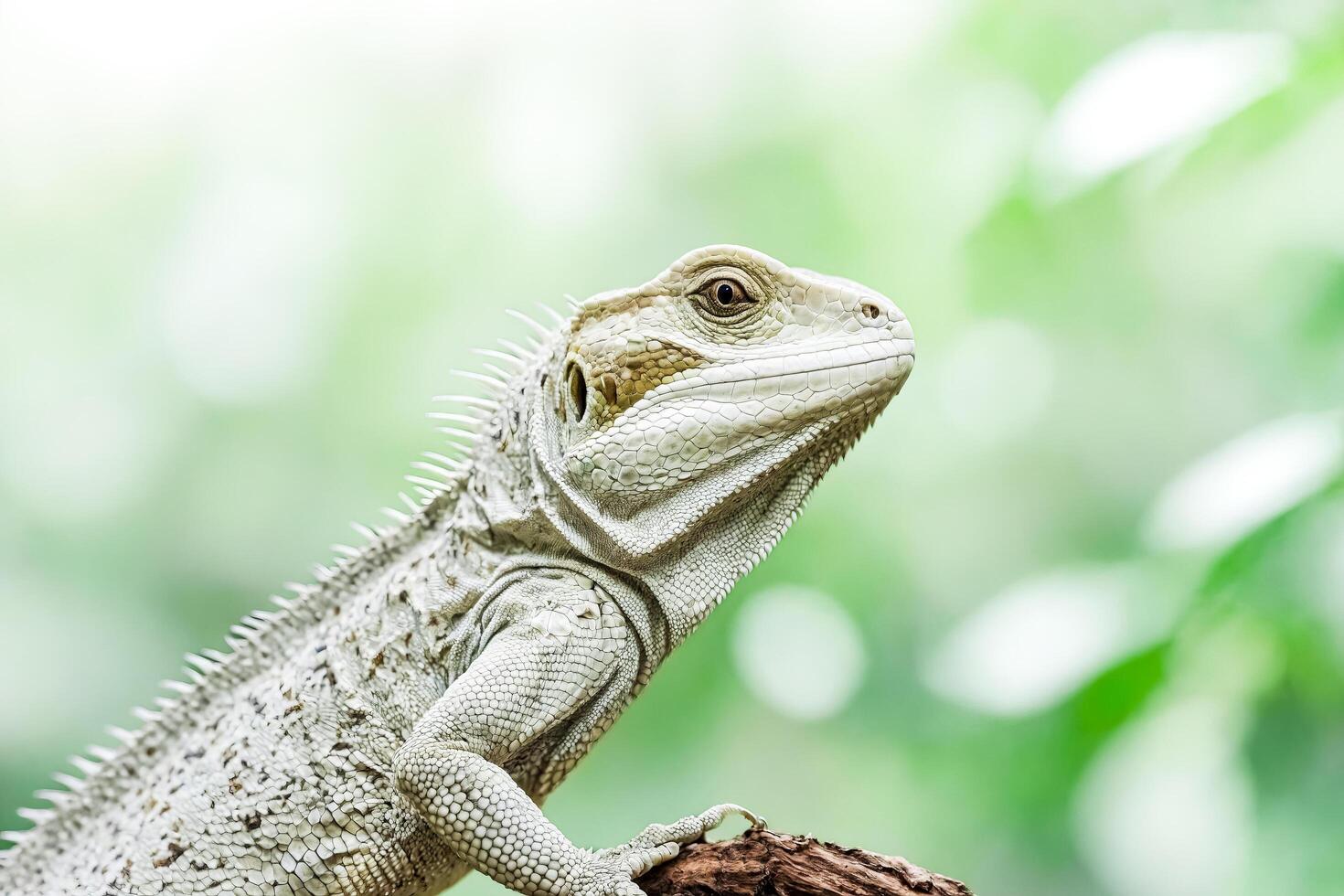 Close-up of a white iguana on a branch photo