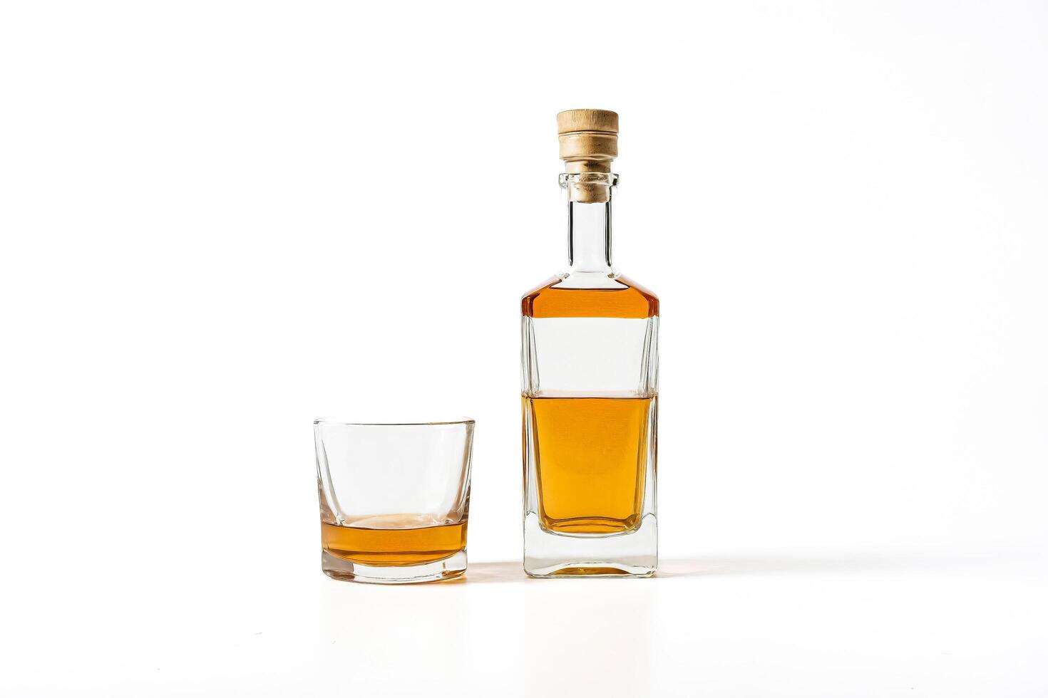 Glass of whiskey with bottle in background photo