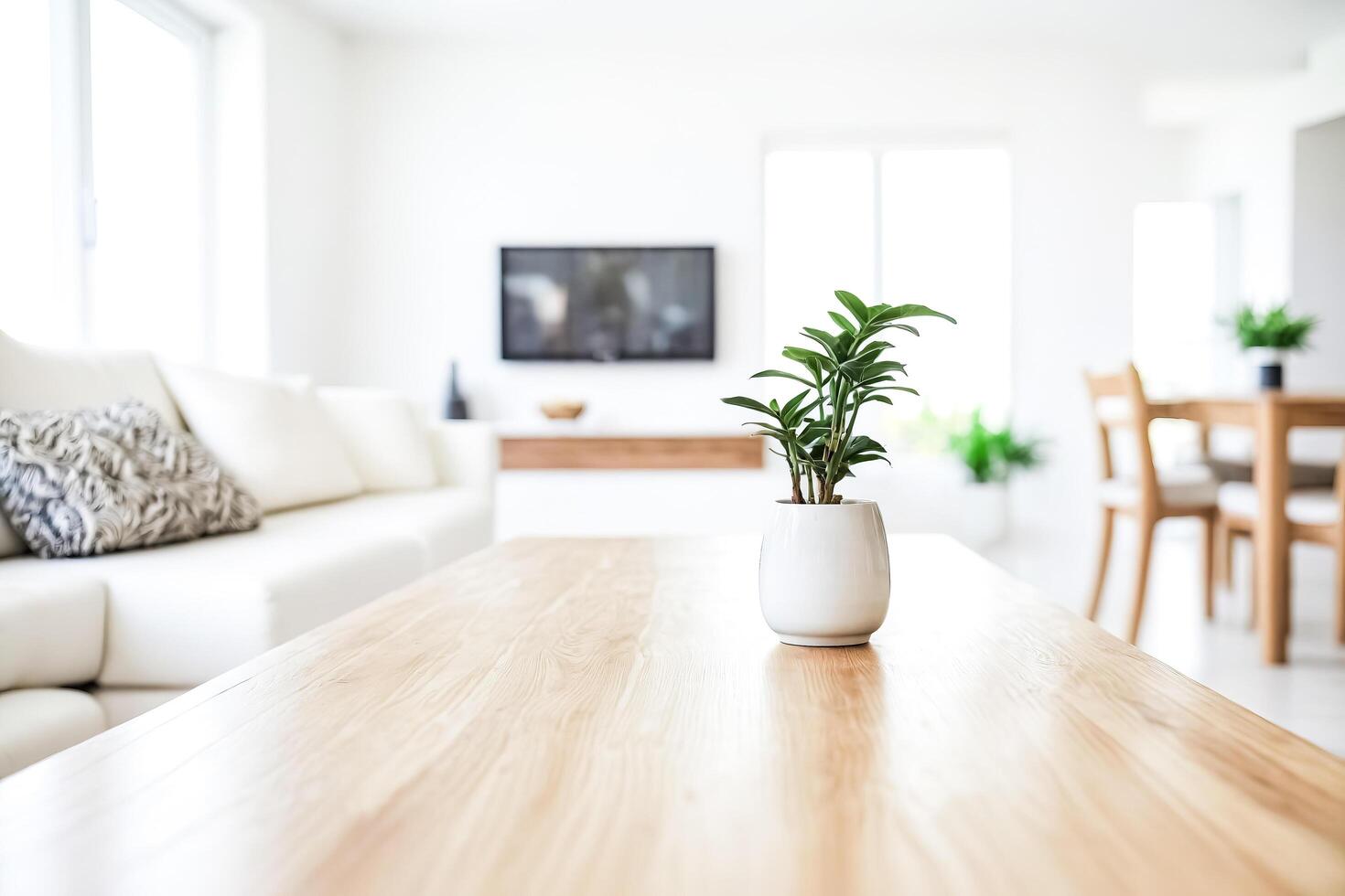 Wooden Table with Green Plant in White Pot in Minimalist Living Room photo