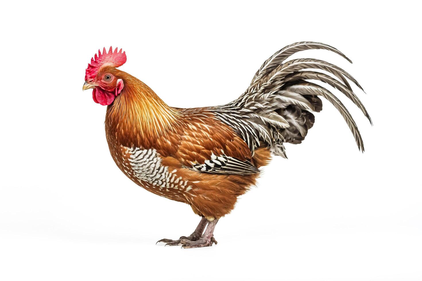 Rooster with Red Comb and White Feathers Isolated on White Background photo