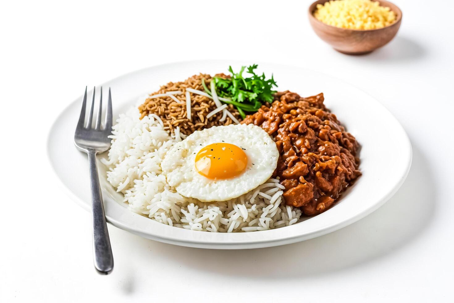 Fried Egg, Rice, and Ground Meat Dish on White Plate with Fork photo