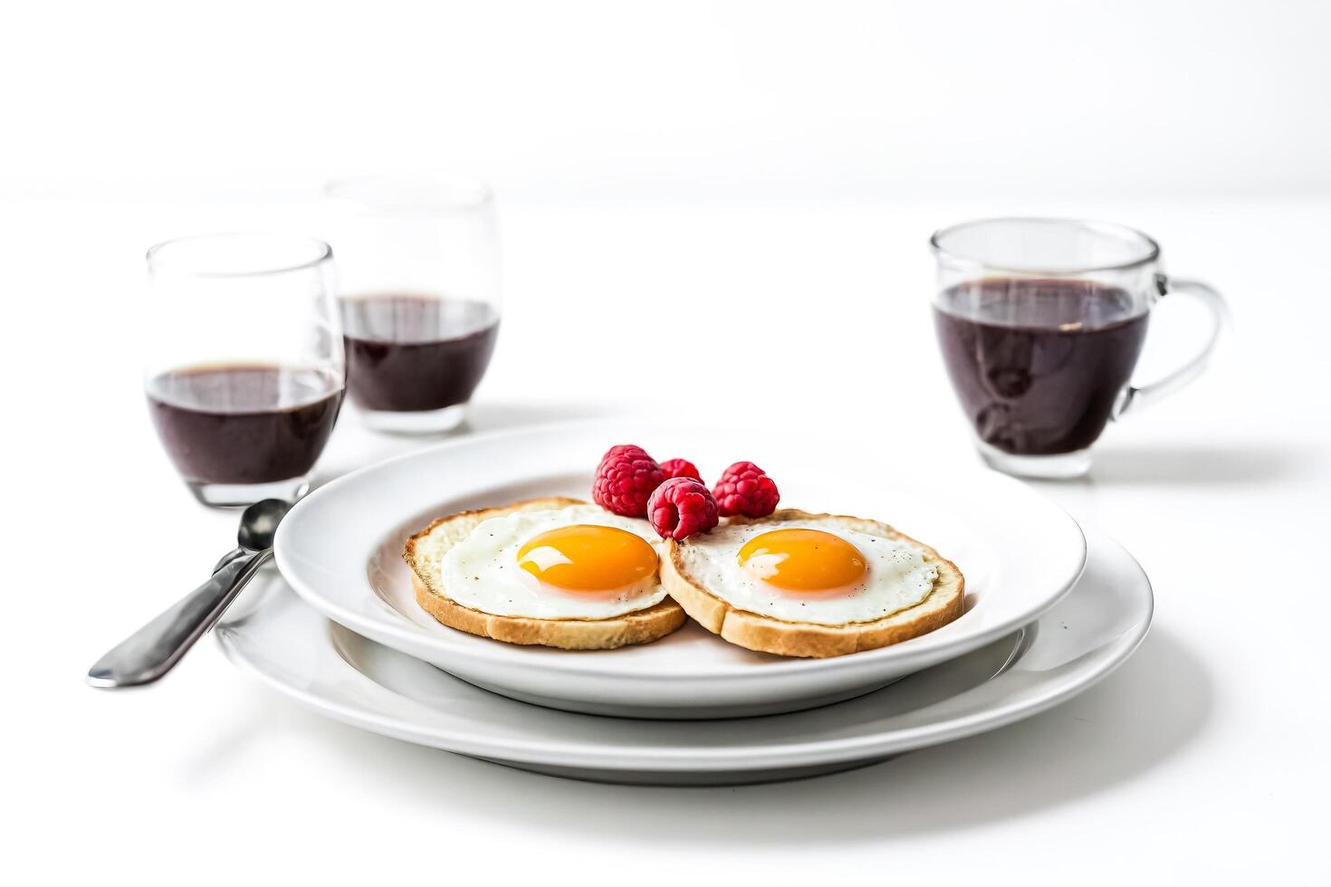 Sunny Side Up Eggs with Toast and Raspberries photo
