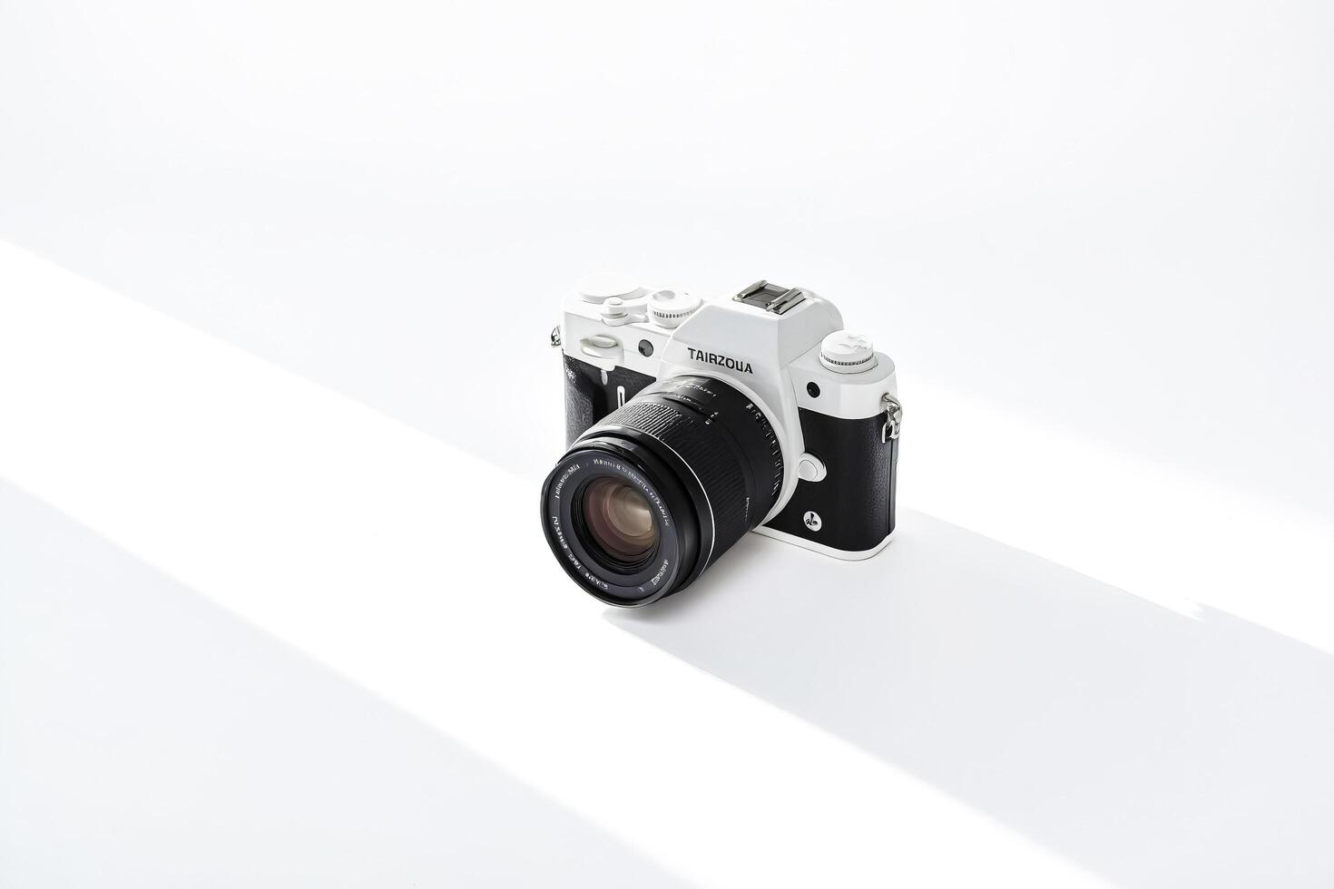 White Camera with Black Lens on White Background photo