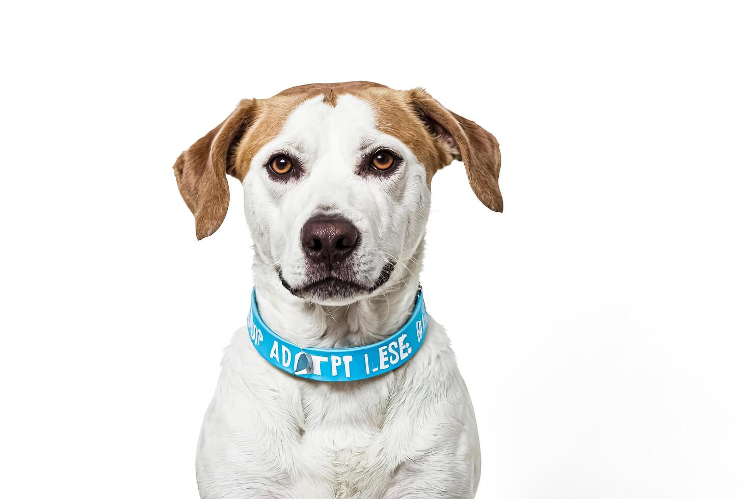 Portrait of a White Dog with Brown Patches and Blue Collar that Says Adopt Me Please photo