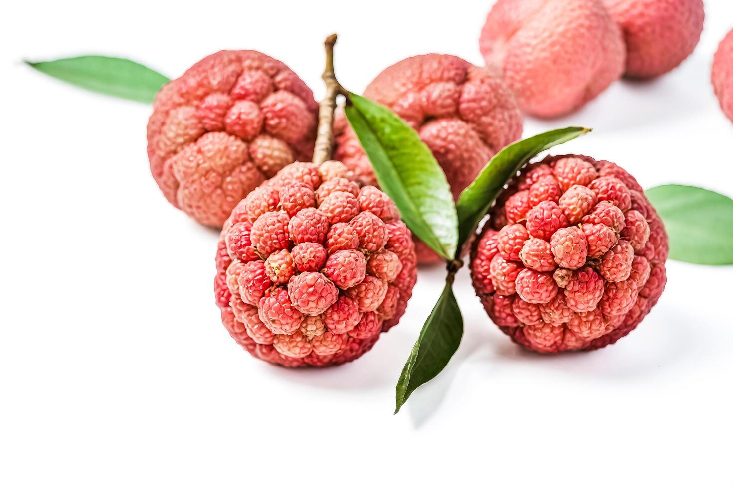 Close-up of Lychee Fruits with Green Leaves Isolated on White Background photo