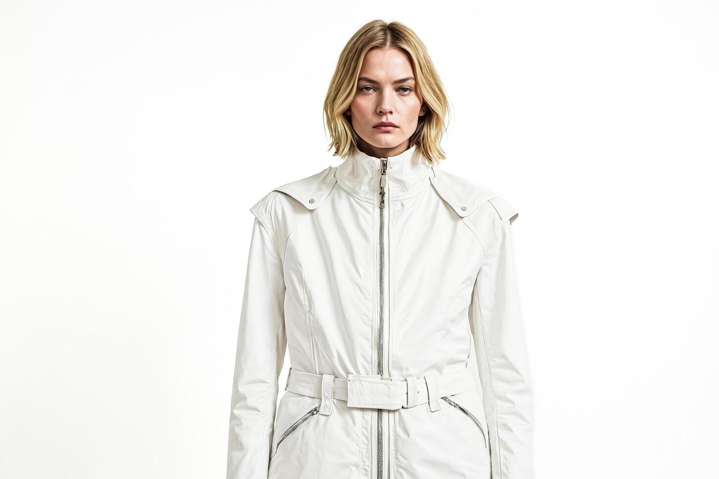 Woman wearing a white jumpsuit with a serious expression photo