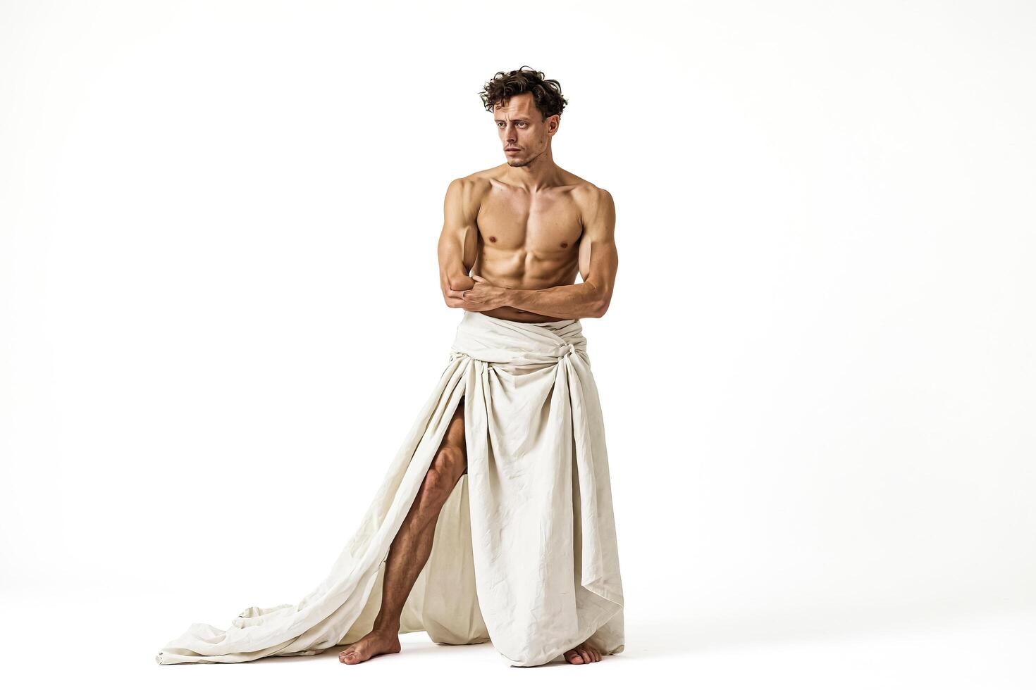 Muscular man in a white sheet photo