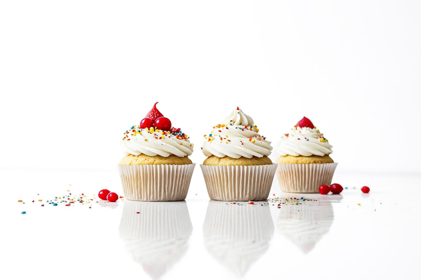 Three Delicious Cupcakes with Colorful Sprinkles and Red Cherries photo