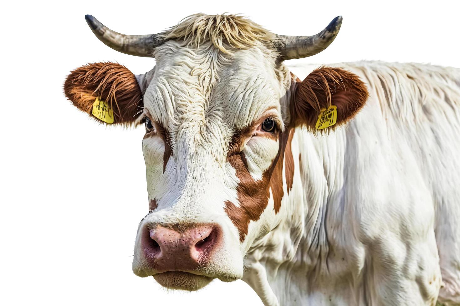 Close-up portrait of a curious cow with white and brown fur photo