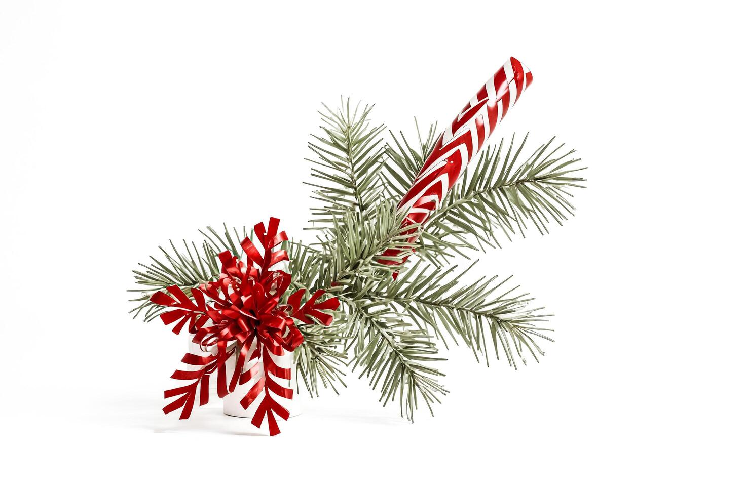 Christmas Decoration with Pine Sprigs, Red Bow and Candy Cane photo