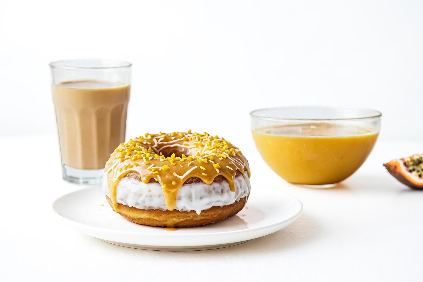 Close up of a glazed donut with a glass of coffee and a bowl of orange juice photo
