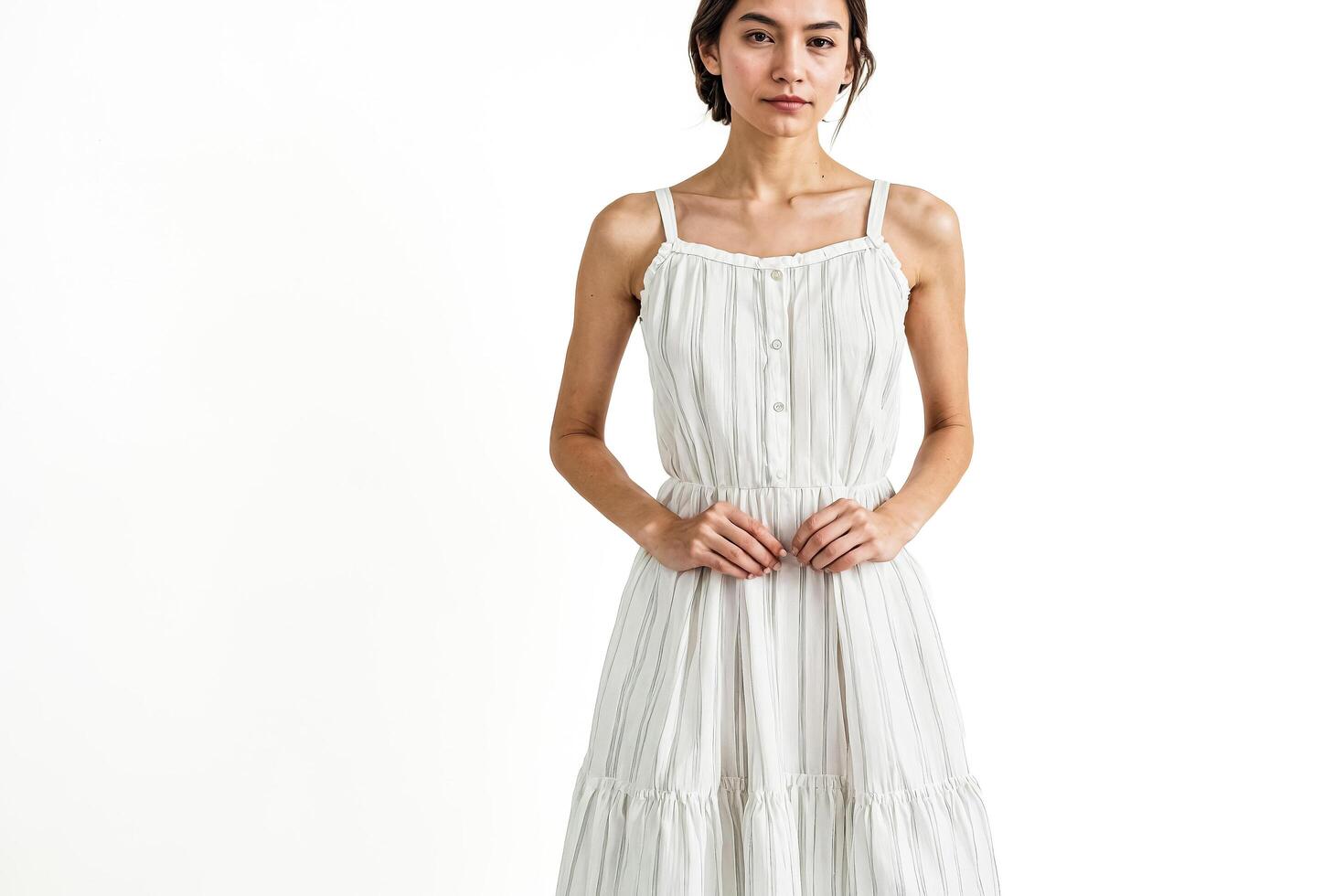 Woman in White Striped Dress Posing on White Background photo