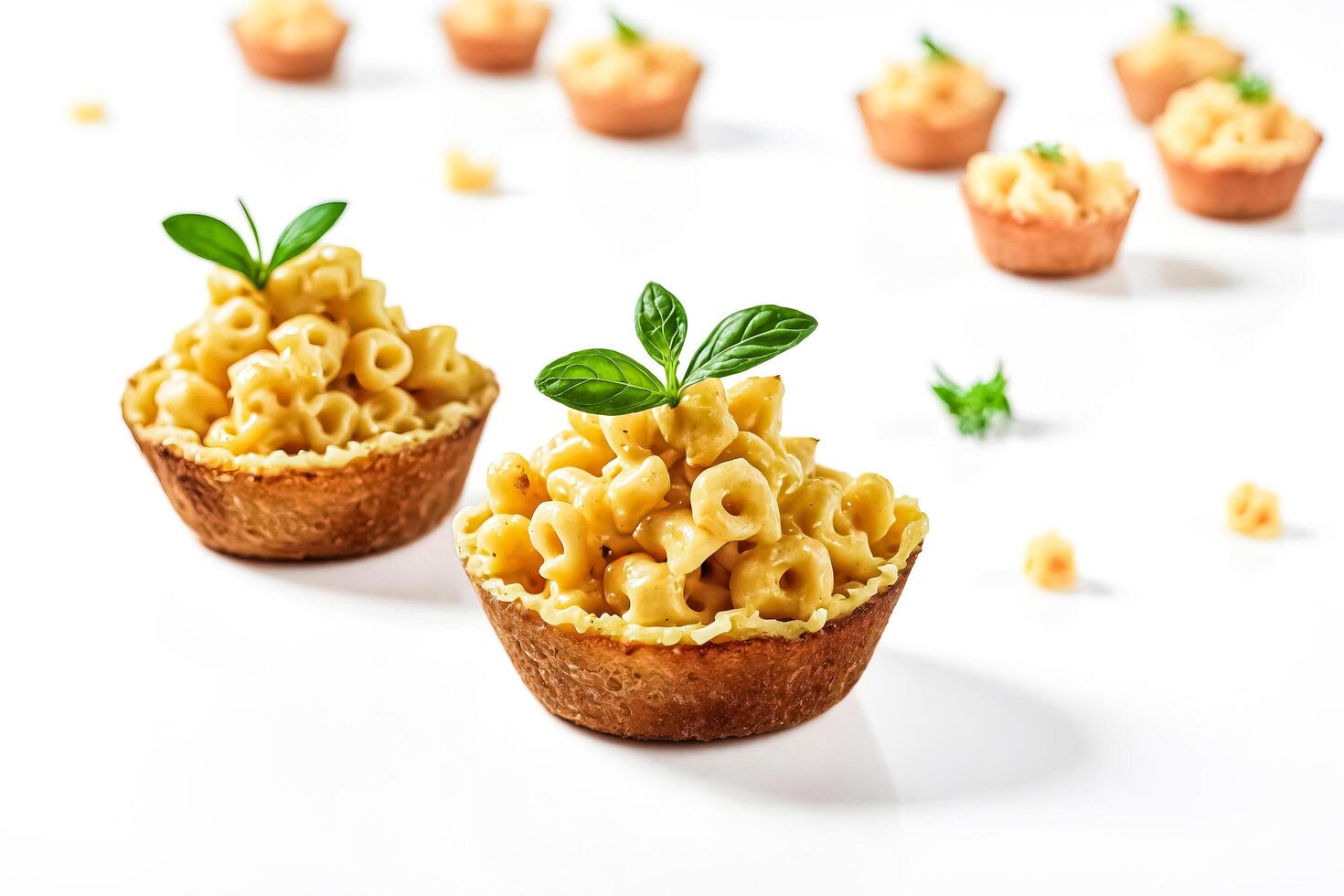 Close-up of Macaroni and Cheese Bites with Basil Garnish photo