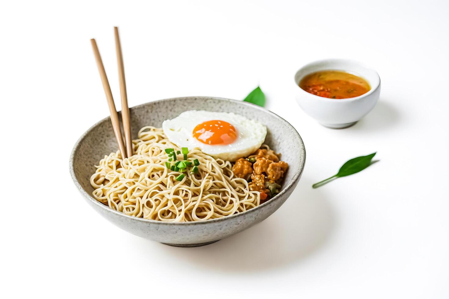 Bowl of Noodles with Fried Egg and Chopsticks photo