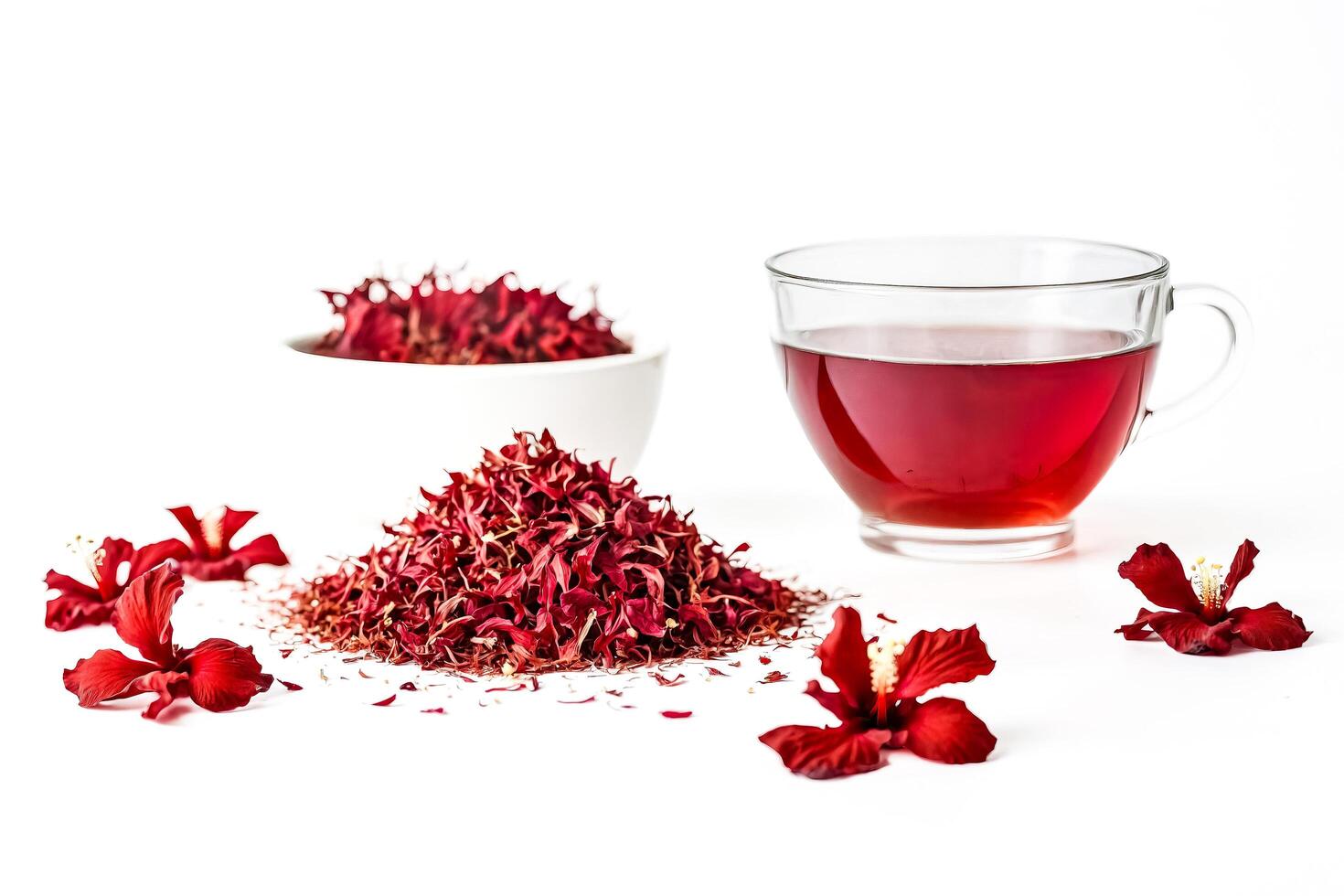 Hibiscus tea with red hibiscus flowers photo