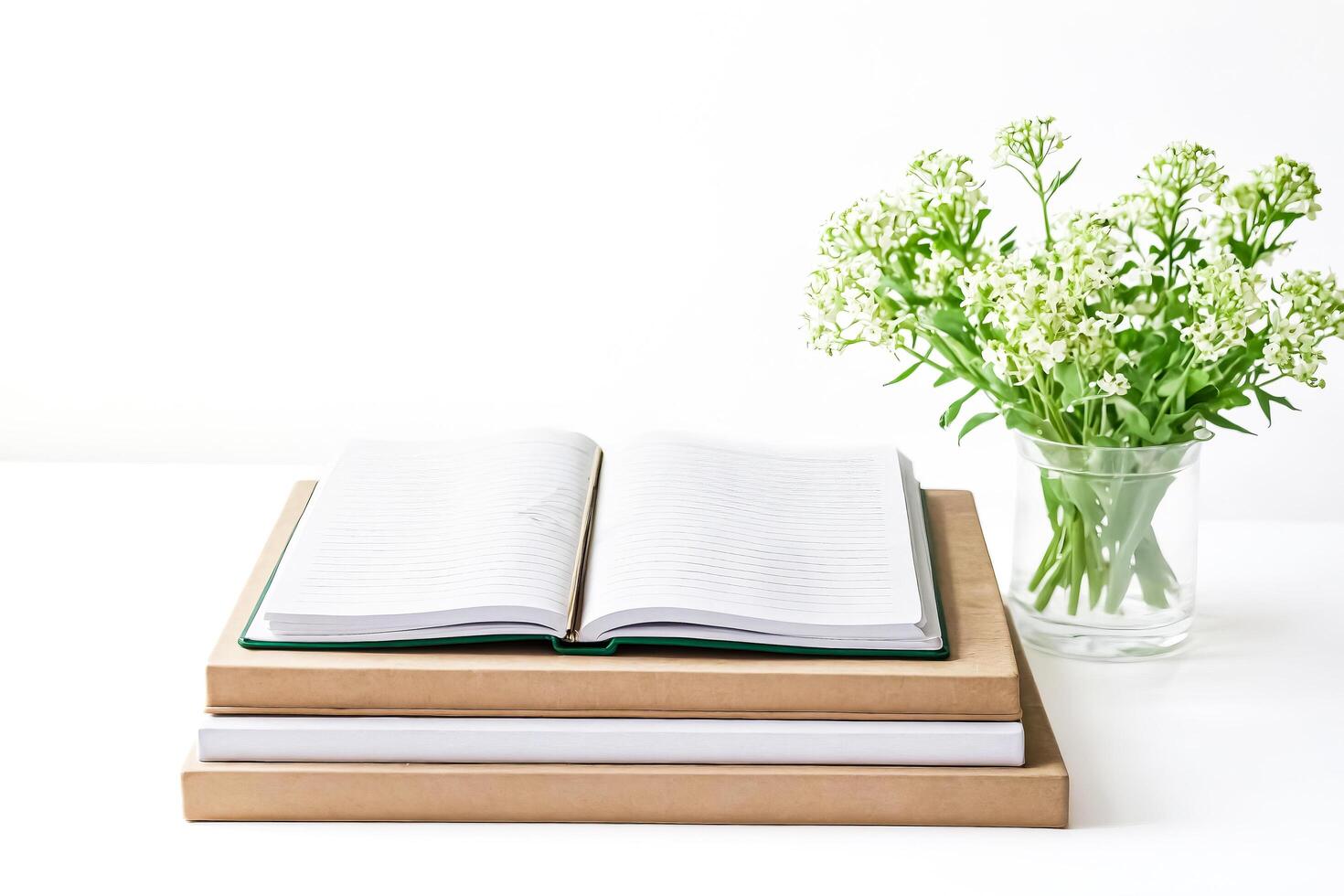 Open Notebook with Flowers on a White Table photo