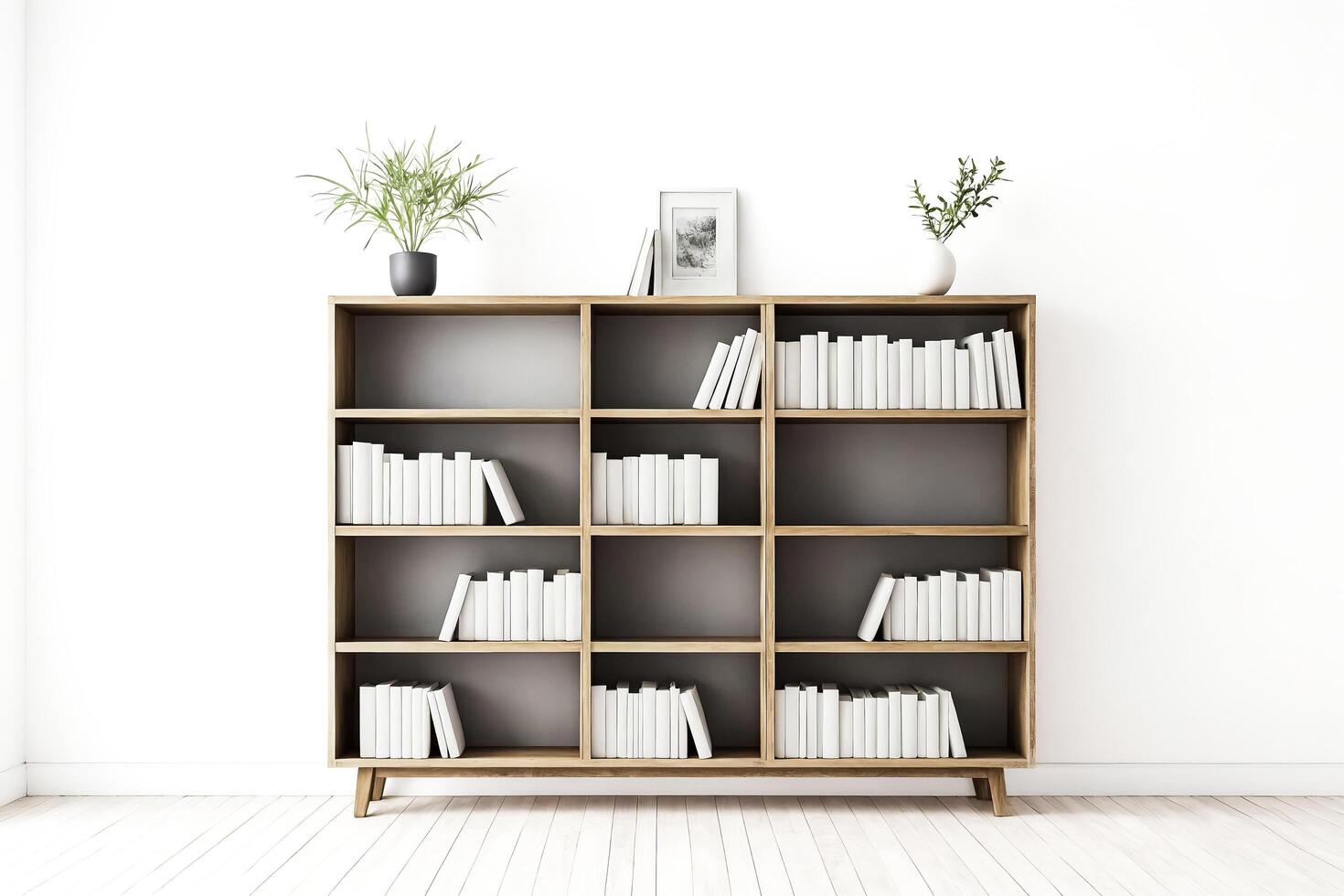 Minimalist Bookshelf With White Books in Modern Room Interior photo