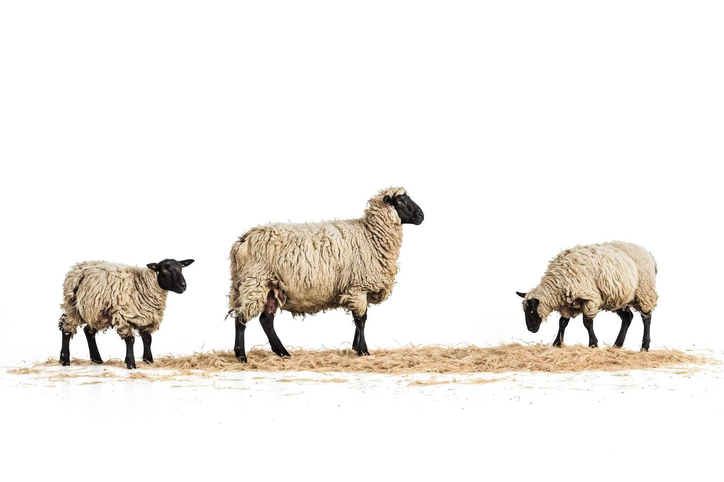Three Sheep Standing on Hay Against a White Background photo