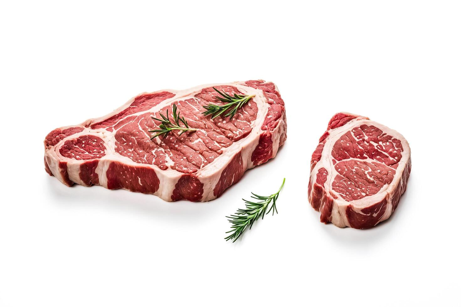 Raw beef steaks with rosemary isolated on white background photo