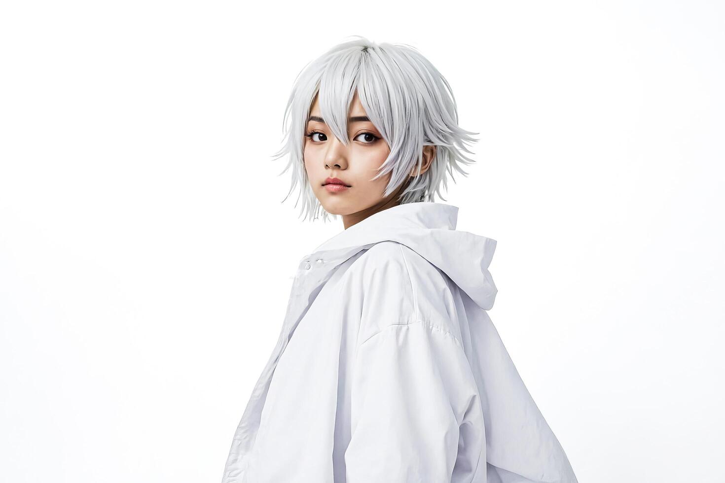Young woman with white hair and white shirt looking over shoulder photo