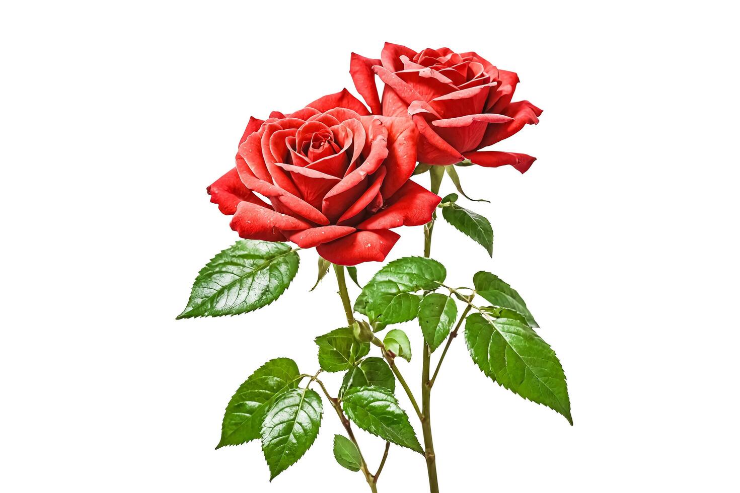 Red rose with green leaves isolated on white background photo