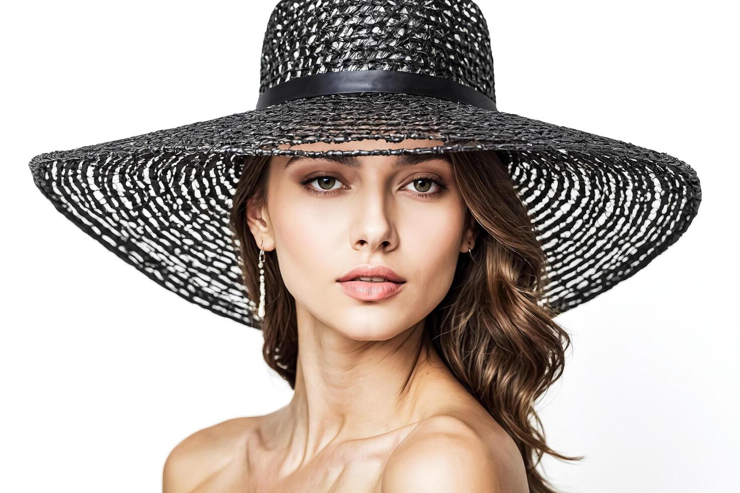 Beautiful woman wearing black straw hat photo