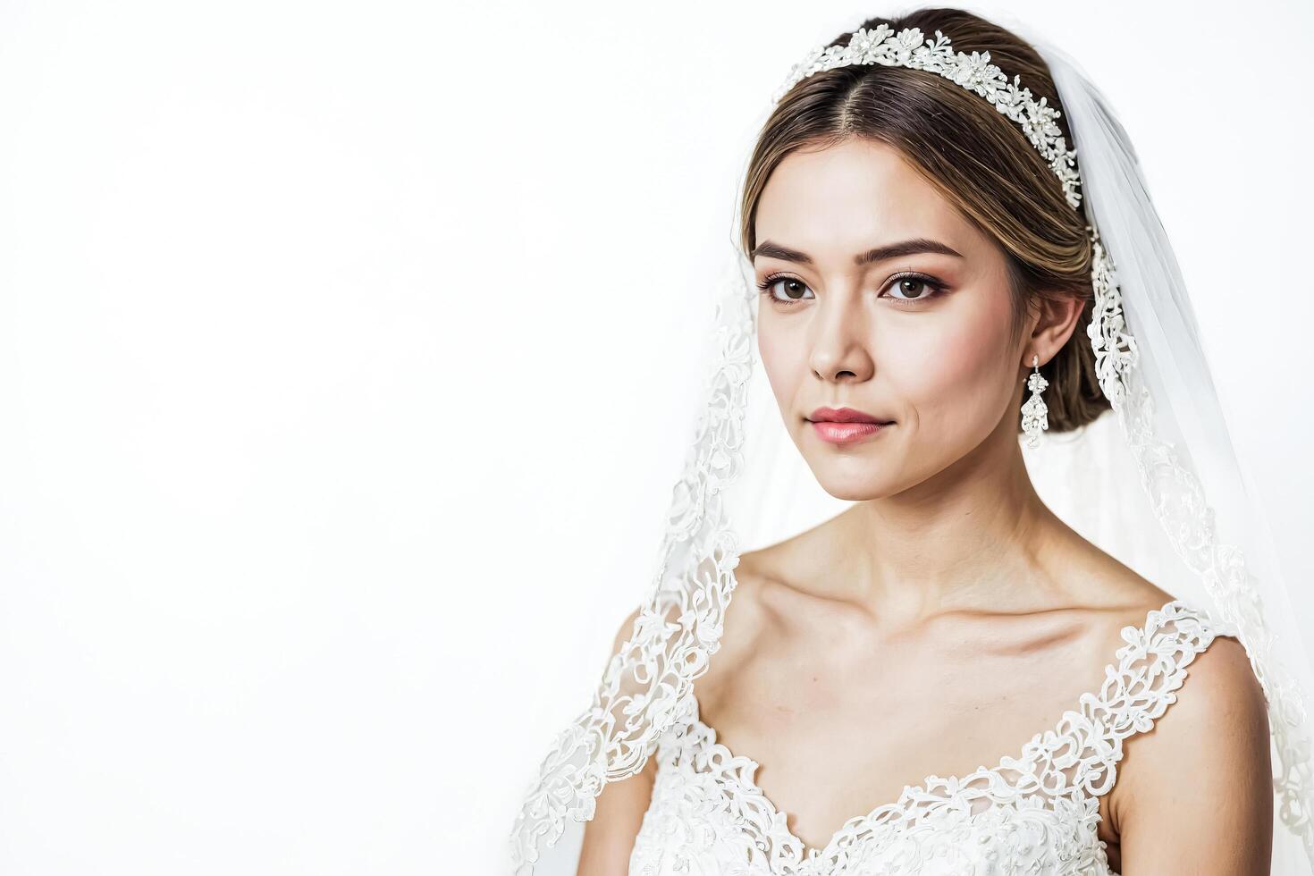 Beautiful Bride in White Dress and Veil photo