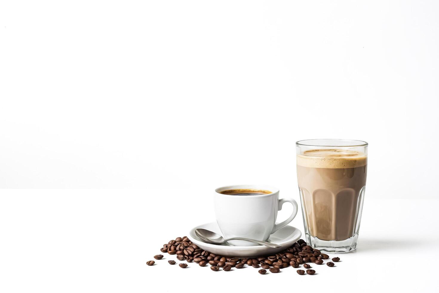 Coffee Cup and Glass of Latte with Coffee Beans on White Background photo