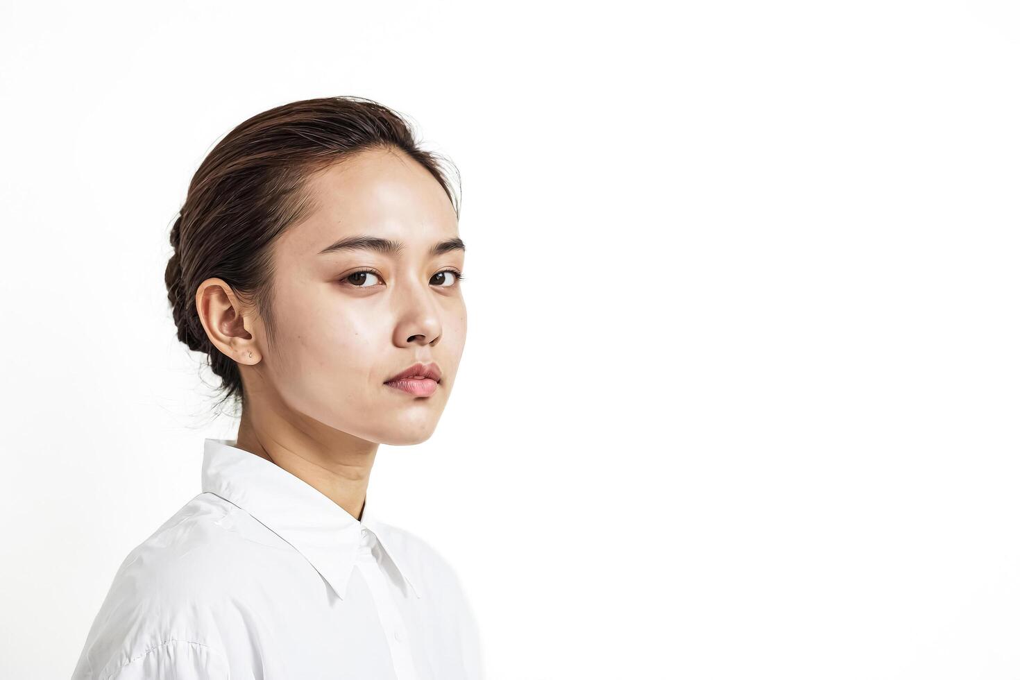 Portrait of a young woman in a white shirt, looking serious photo